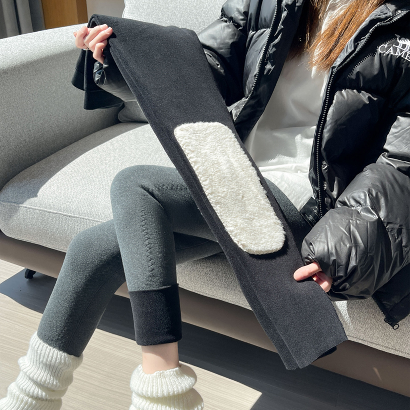 秋冬羊羔绒护腰护膝高腰打底裤女加绒加厚保暖防寒棉裤紧身小脚裤