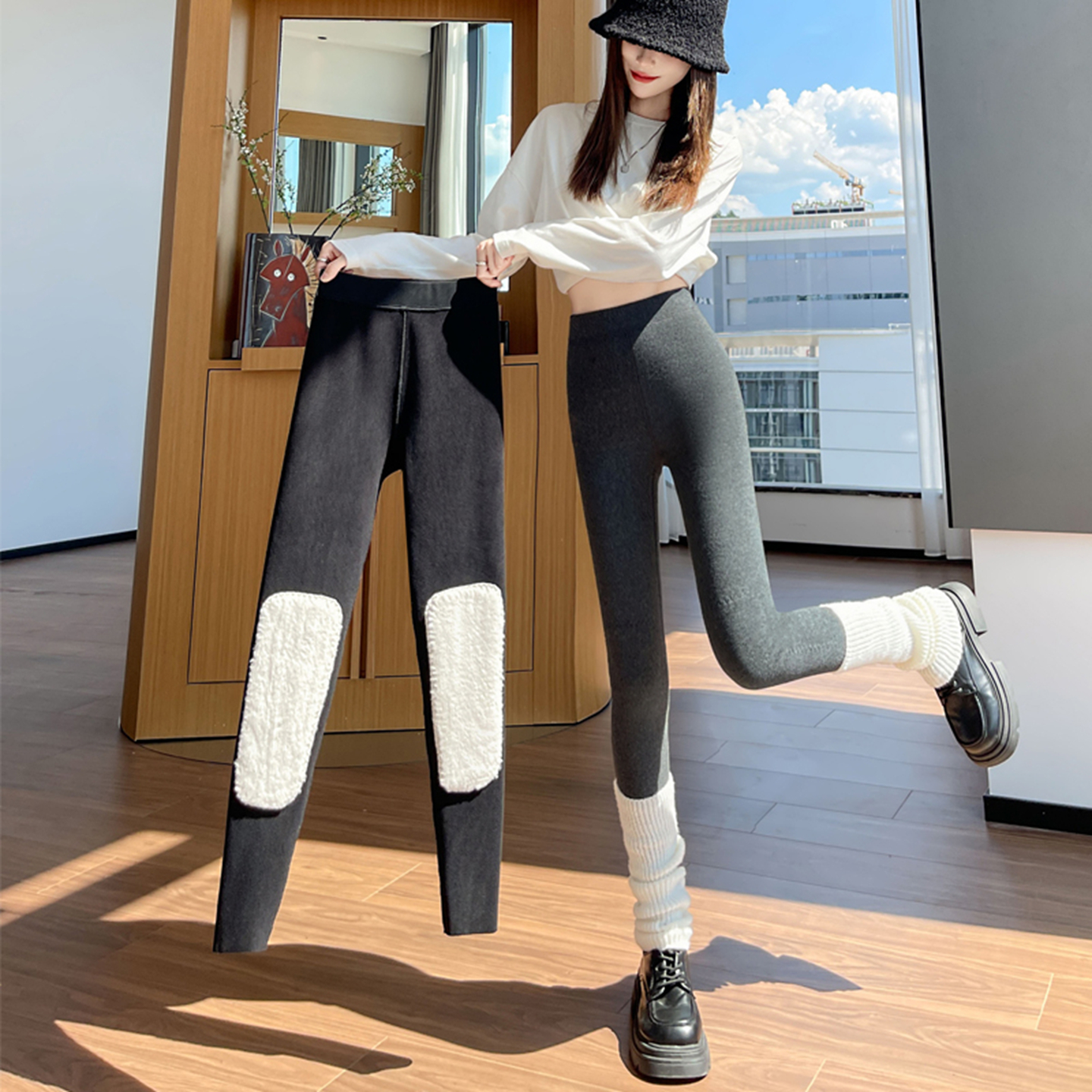 加绒加厚打底裤女秋冬高腰紧身保暖裤羊羔绒护腰护膝贴片防寒棉裤