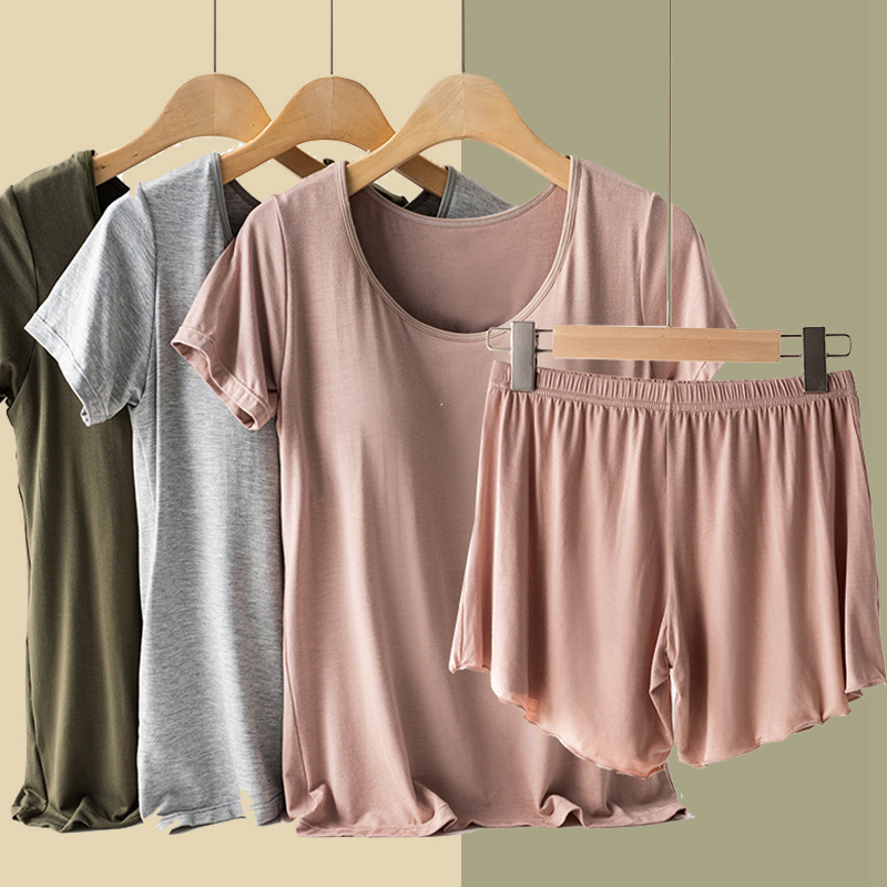 带胸垫宽松短袖T恤家居服套装薄
