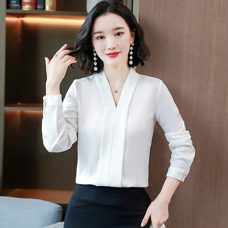 气质OL雪纺V领长袖衬衫女士西装内搭小衫显瘦翻领上衣 职业打底衫