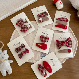 bunny新款 红色系格纹五角星可爱发夹儿童发饰高级感女童发卡头饰