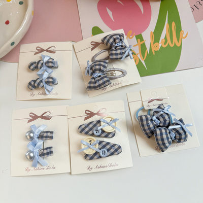 蓝色格纹春季儿童发夹可爱布艺新