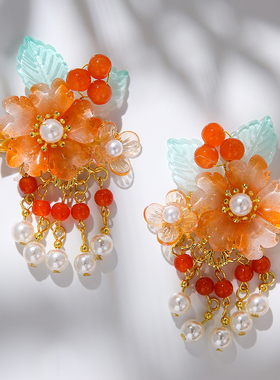 橙色中国风发夹超仙可爱复古流苏头饰古风汉服古装花朵橘色古装