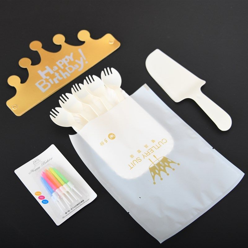 米白色一次性生日蛋糕餐具刀叉盘四合一刀叉碟蜡烛组合套装,餐饮具,可降解餐具/环保餐具,淘宝优惠券,粉丝福利购,淘宝优惠卷