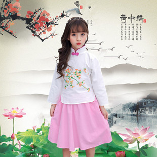 套裙纯棉印花女孩新款 长袖 夏 裙子春秋薄款 女童表演服简约汉服唐装