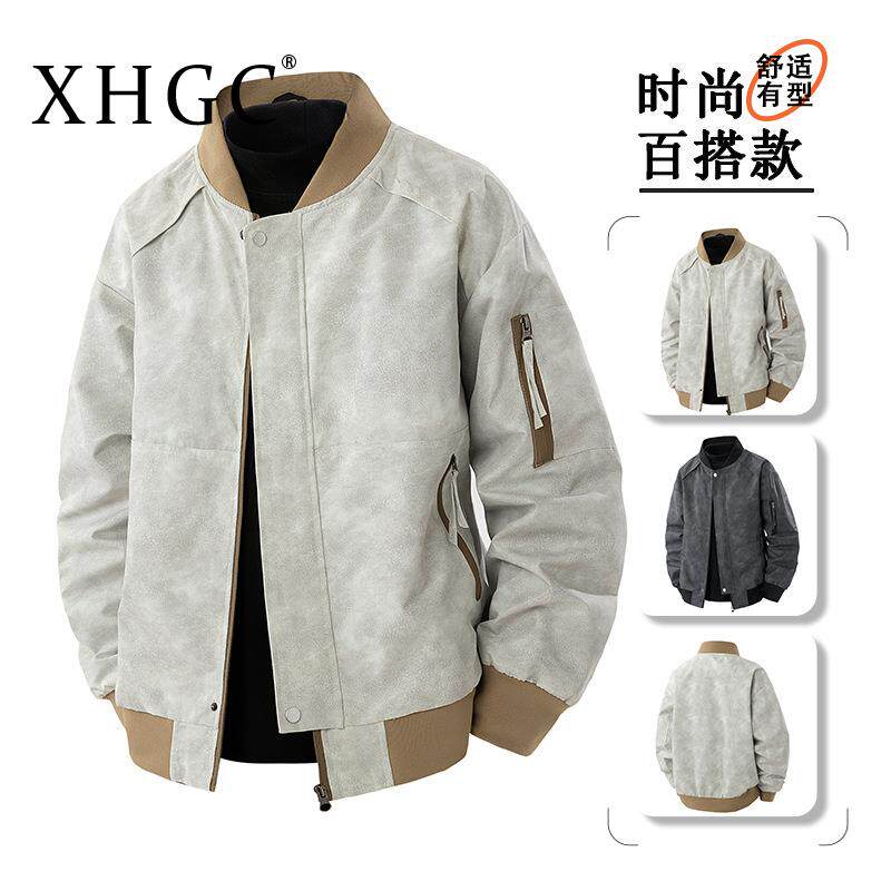 XHGC夹克男棒球服男花色PU皮飞行服美式宽松潮牌韩版春季外套上衣