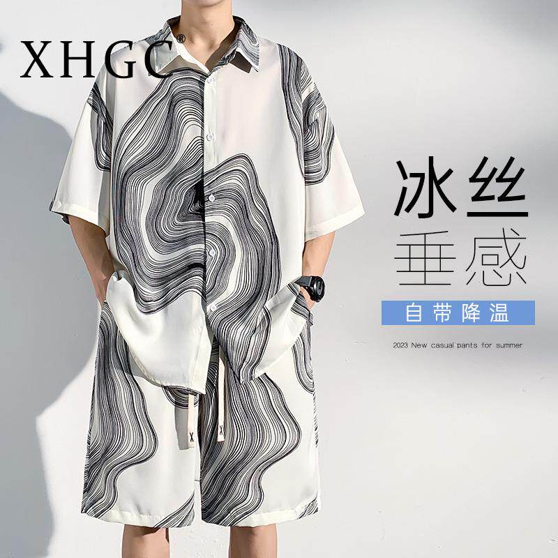 XHGC套装男夏季潮流冰丝T桖男士花套装休闲宽松短袖短裤两件套男