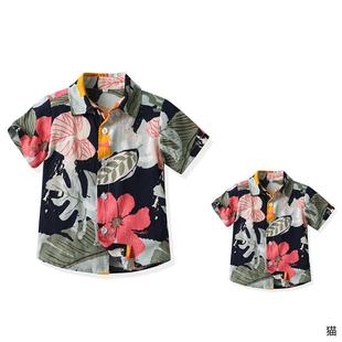 欧美童装父子母女海边度假亲子装一家三口沙滩风短袖花衬衫潮