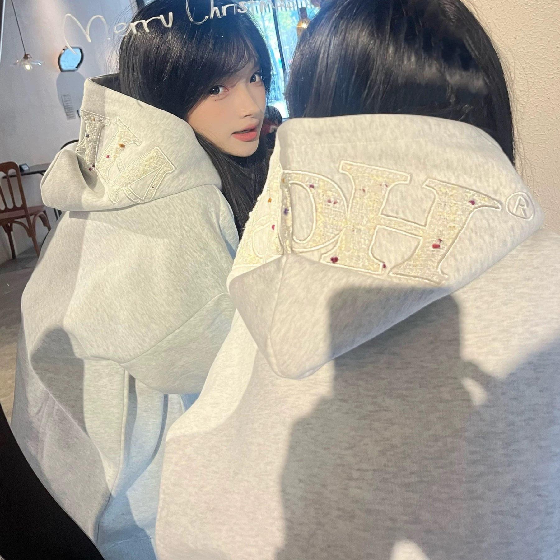 美式高街灰色贴布字母刺绣卫衣女秋冬新款加绒加厚韩系慵懒风外套,女装/女士精品,卫衣/绒衫,淘宝优惠券,粉丝福利购,淘宝优惠卷