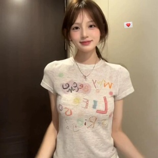高街七彩色彩绘字母短袖 美式 t恤女设计感小众正肩纯棉国潮牌上衣