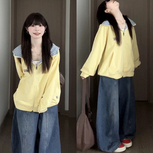 黄色格子拼接腊肠小狗刺绣连帽卫衣女秋冬美式高街慵懒风外套上衣