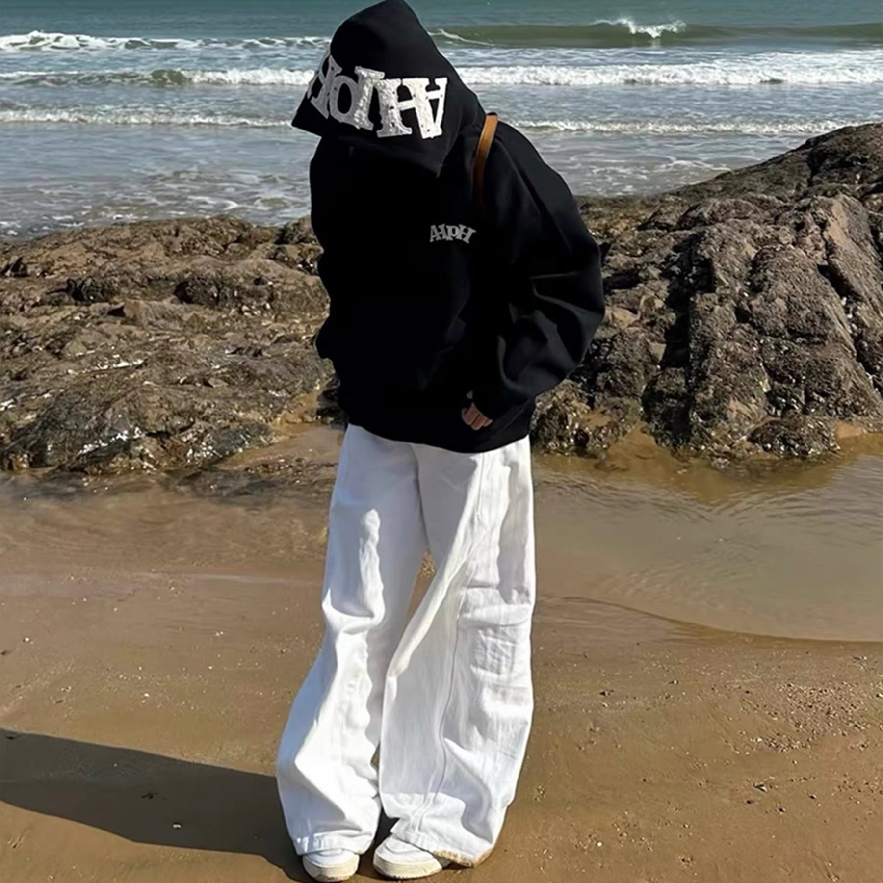 美式高街字母贴布刺绣连帽衫卫衣女秋冬加绒宽松慵懒风情侣装外套