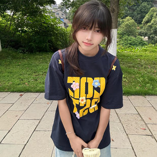 美式 设计感小众潮牌高街纯棉上衣 立体花朵正肩短袖 t恤女2025新款