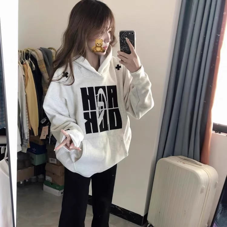 美式复古字母刺绣宽松连帽卫衣