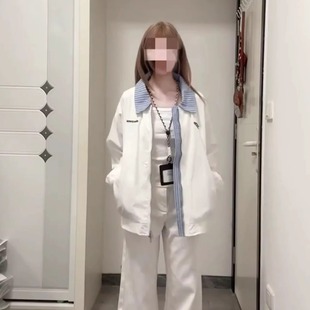 早秋2025新款 高街假两件刺绣翻领外套女宽松慵懒风拼接棒球服 美式