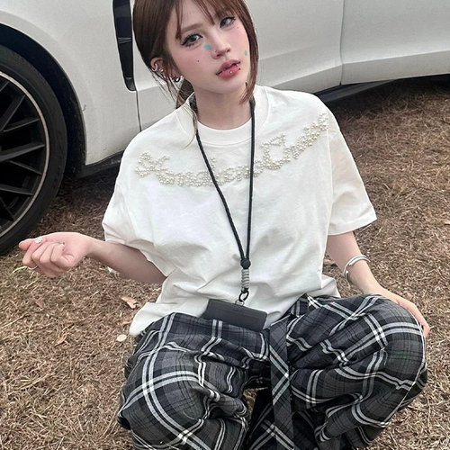 美式高街钉珠潮牌短袖T恤女夏季慵懒风宽松小众设计感纯棉上衣