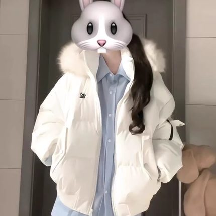 2025新款冬季大毛领白色羽绒派克服女宽松加厚保暖棉袄棉衣面包服