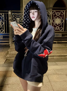 国潮牌藏青色植绒字母刺绣满印卫衣女2026新款慵懒风美式开衫外套