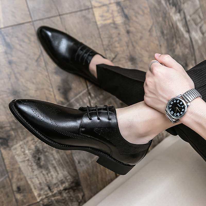 布克英尖头皮鞋男伦风发型师内洛增高系带商务百搭正装休闲小男鞋