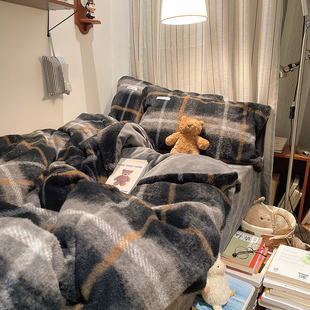 秋冬新款加厚羊毛绒极简四件套加厚保暖格子床单被套床笠三件套