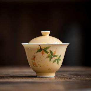 釉下彩手绘桂花兔子盖碗手工陶瓷泡茶碗茶杯白瓷功夫茶具家用盖碗