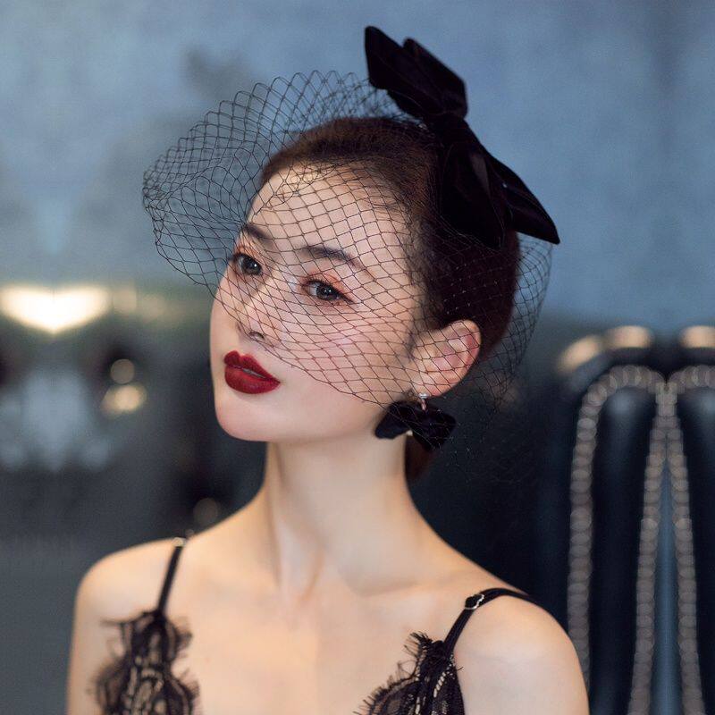 头纱拍照道具黑色复古酒红色发夹丝绒蝴蝶结新娘敬酒服婚礼头饰