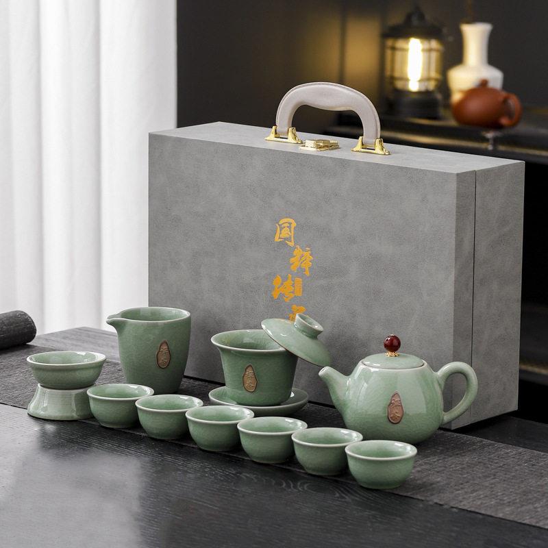 哥窑开片功夫茶具套装 十头盖碗茶杯整套礼盒装创意商务活动礼品