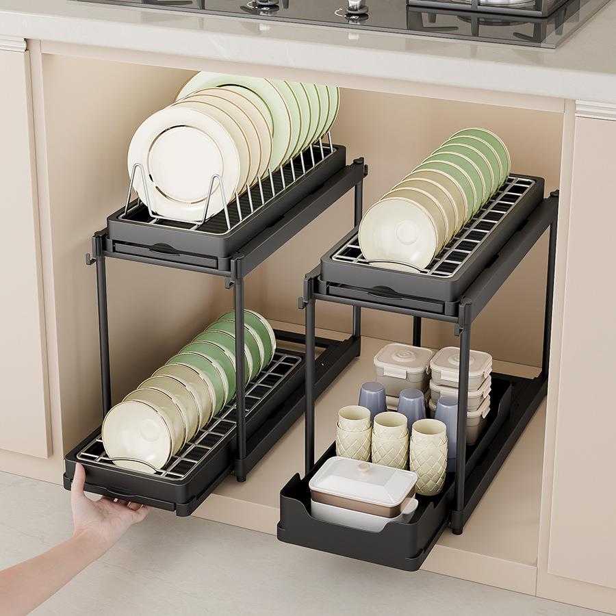 不锈钢碗碟沥水架厨房收纳置物架柜内台面抽拉碗架放碗筷柜碗盘