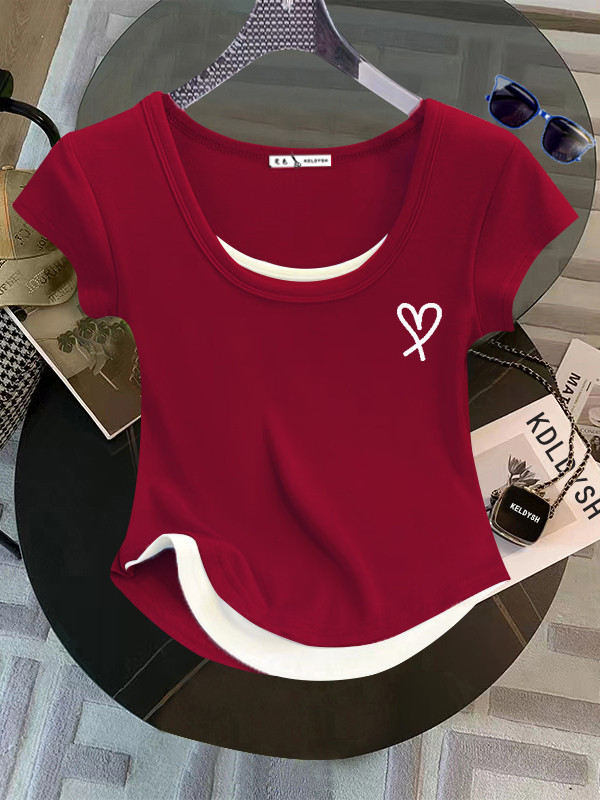 U领短袖t恤女2025夏季新款小个子修身正肩弧形短款假两件印花上衣