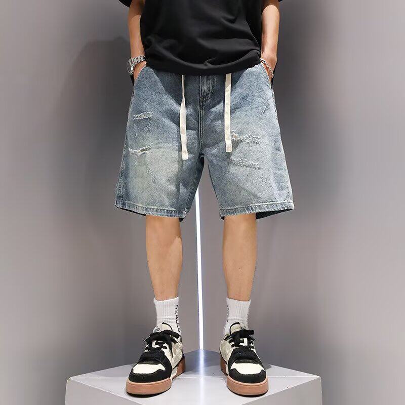美式复古痞帅破洞牛仔短裤男夏季宽松潮牌特大码直筒松紧腰五分裤