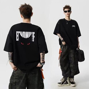 宽松加肥大码 T恤男夏季 街头上衣服 设计感印花短袖 重磅曼巴棉美式