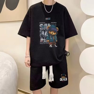 华夫格两件套时尚休闲运动套装男士夏季大码潮牌潮流帅气短袖短裤