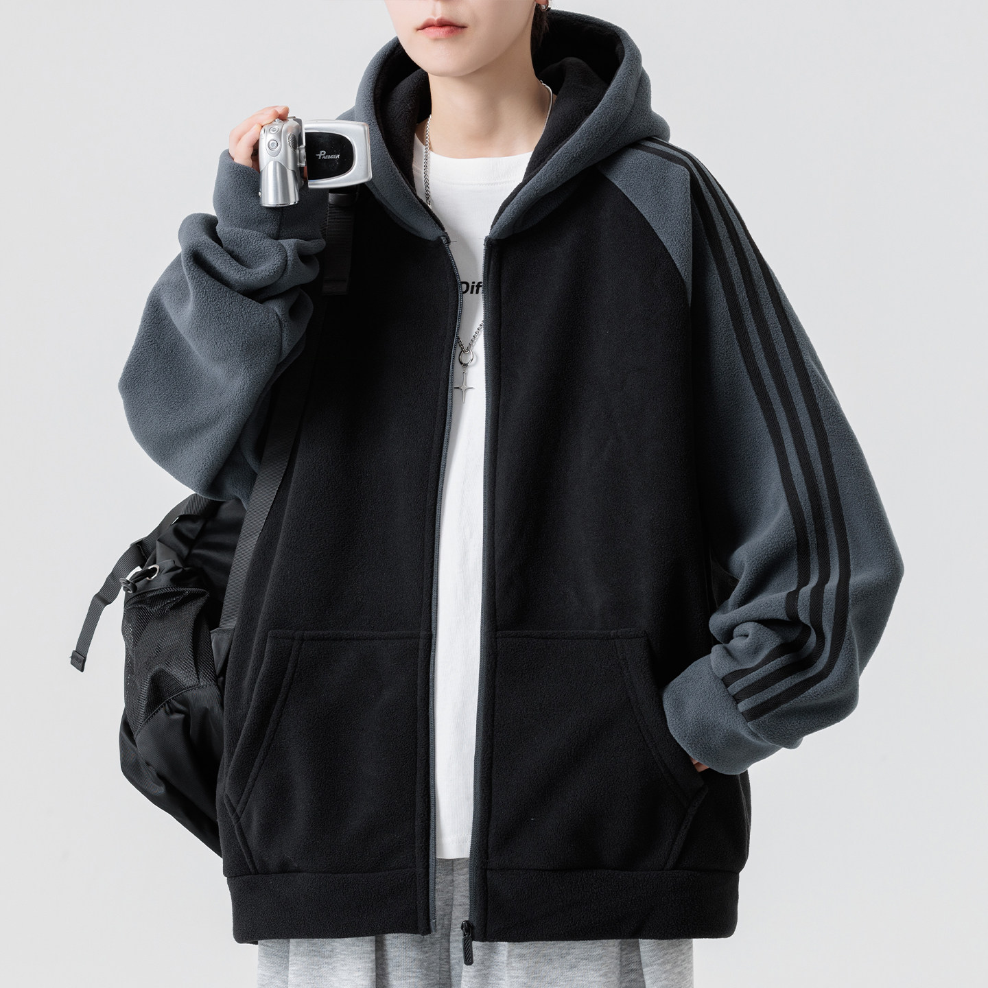 摇粒绒外套男春秋冬季运动风条纹夹克男生潮牌加大码抓绒开衫卫衣