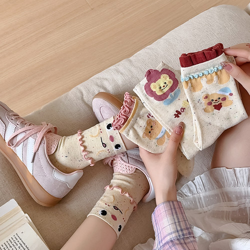 【4双】春夏季纯棉卡通2025流行色系奶黄花边小熊女中筒袜子