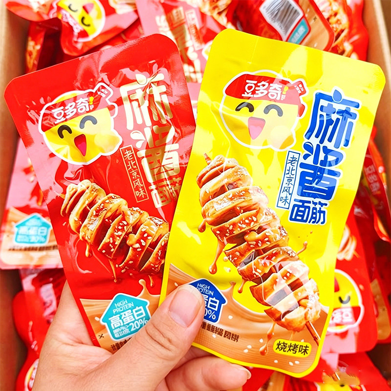 豆多奇麻酱面筋香辣烧烤素肉开袋即食辣条包装宿舍办公室小吃零食
