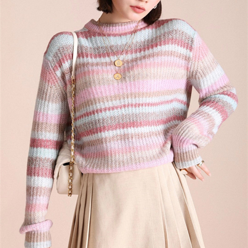 阿玛施旗舰店官网正品2020秋季新款百搭休闲时尚彩虹条纹毛衣女