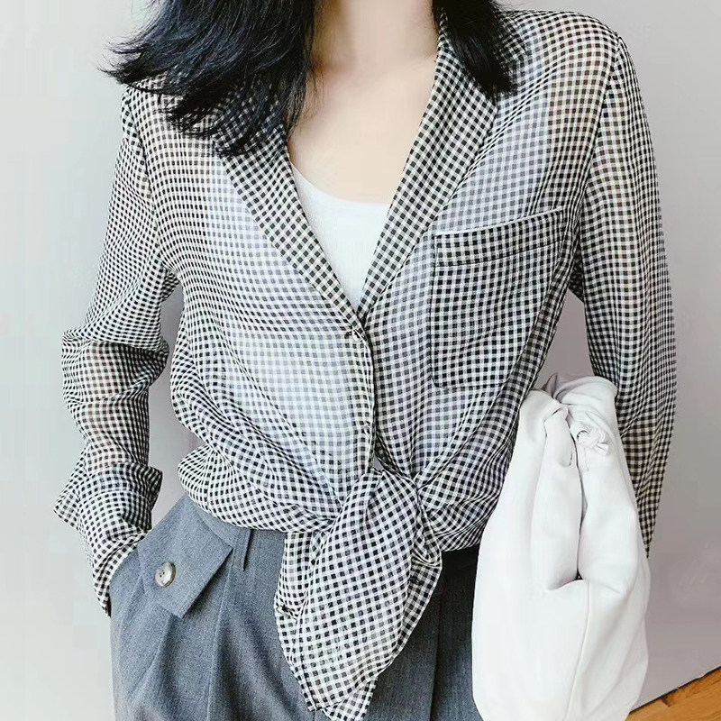 阿瑪施旗舰店官网女装2020新款夏格子薄款防晒老爹衬衫5300594