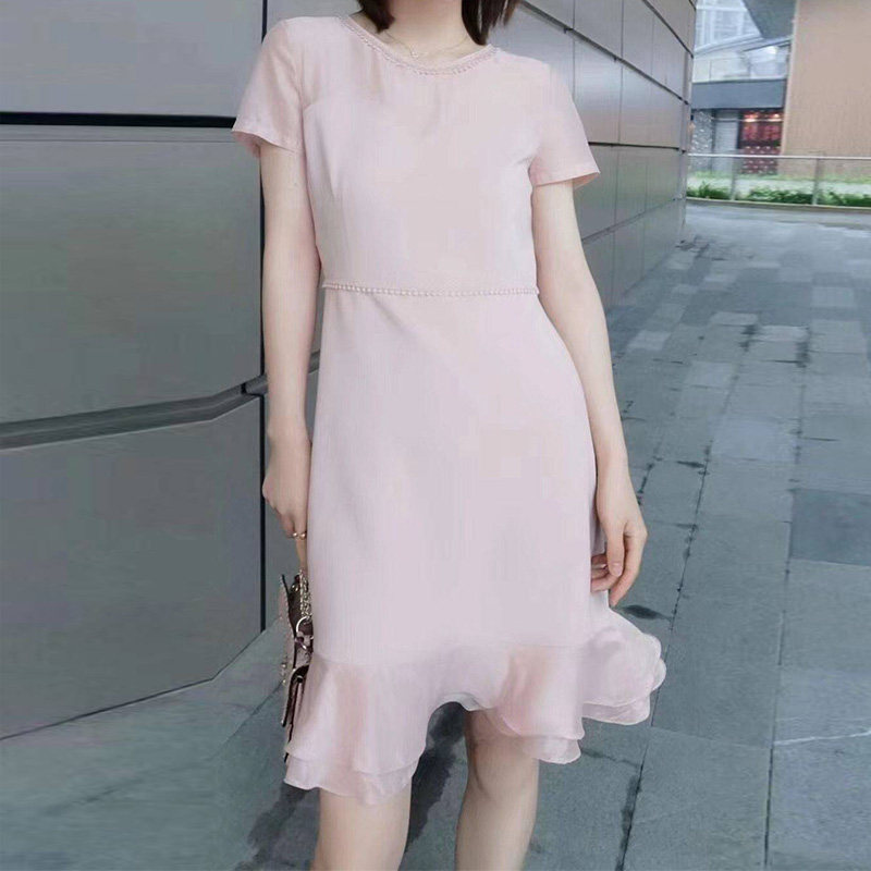 阿玛施旗舰店官网正品2020夏季新款百搭粉色小香风短袖连衣裙女