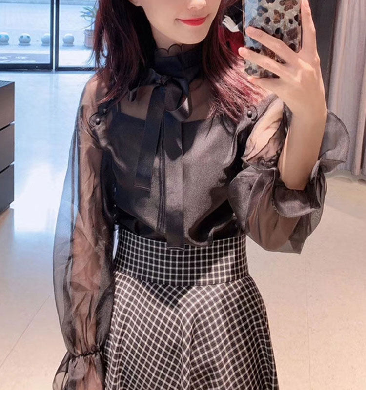 阿瑪施旗舰店官网2020春新款专柜女装系带喇叭长袖欧根纱透视衬衫