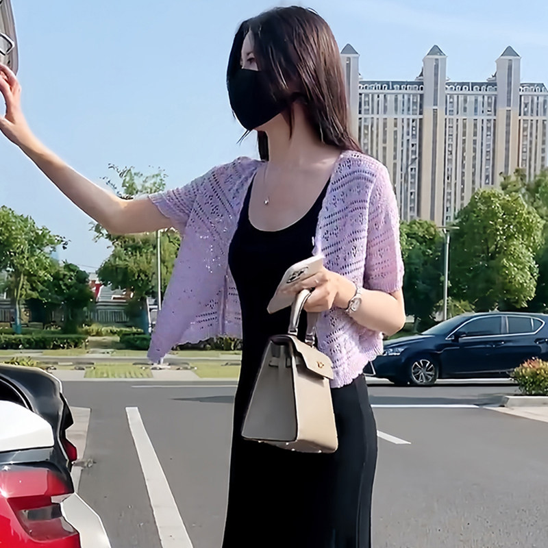 冰丝镂空针织开衫中袖薄款外套女夏季新款外搭配吊带长裙罩衫披肩图片