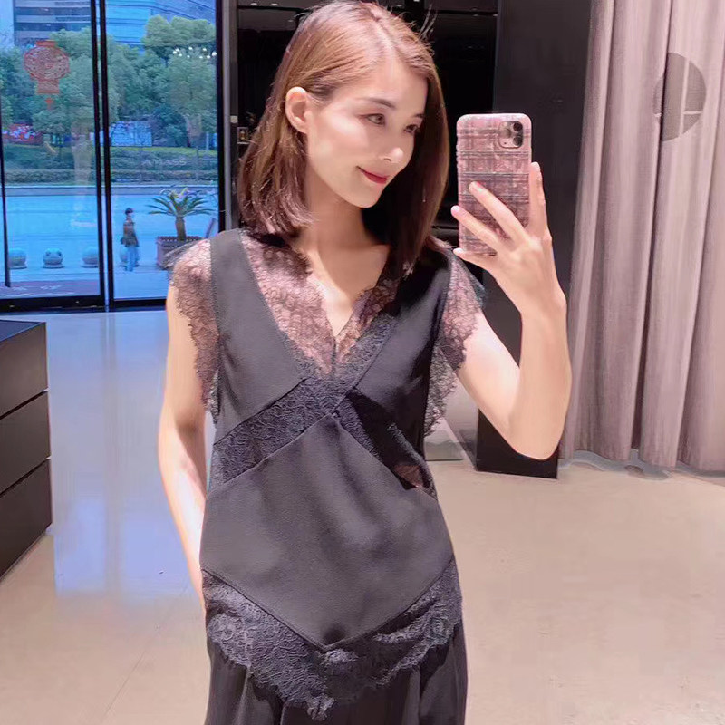 阿瑪施官网旗舰店2020夏新款黑色性感衬衫V领无袖背心T恤女正品