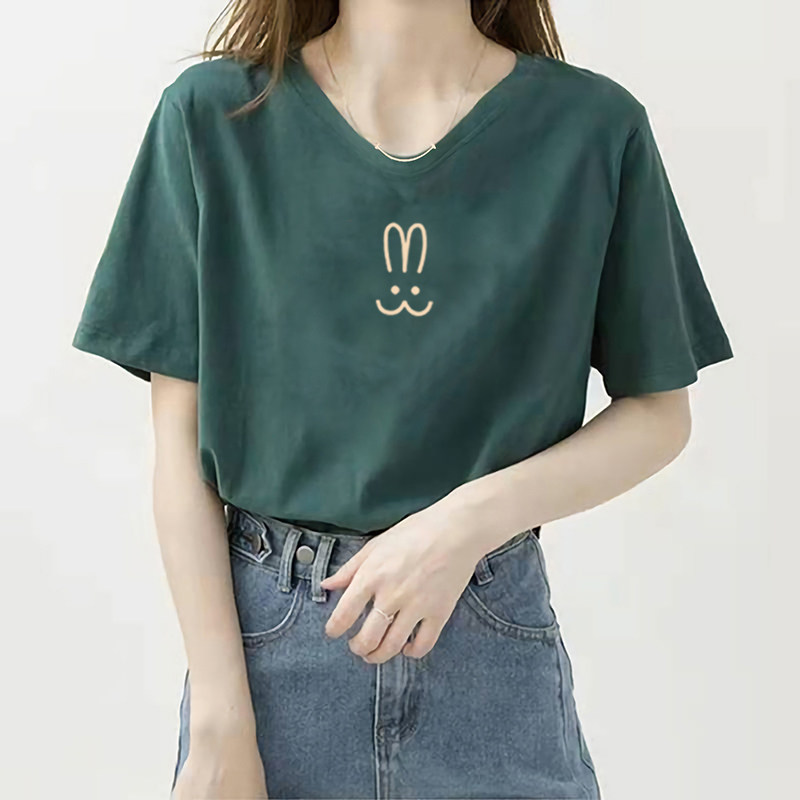 墨绿色短袖t恤女夏季新款宽松纯棉潮牌体恤显瘦纯色V领正肩上衣服