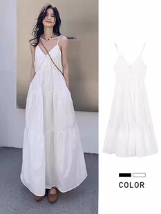 白色吊带连衣裙女春夏季新款小个子收腰显瘦仙女裙海边度假连衣裙