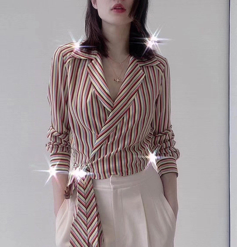 阿玛施旗舰店官网专柜正品2020春夏新款条纹翻领女装衬衫打底衫女