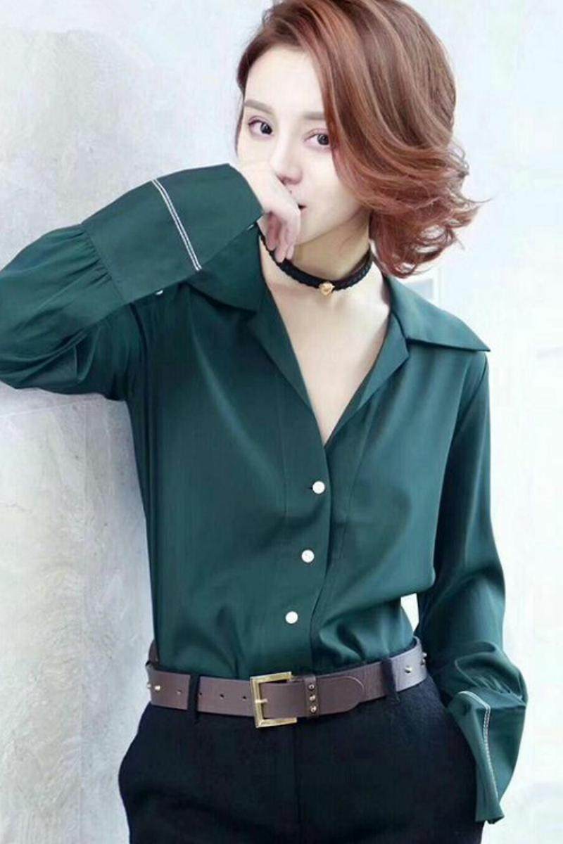 阿玛施旗舰店官网正品2020夏季新款修身桑蚕丝V领上衣长袖衬衫女