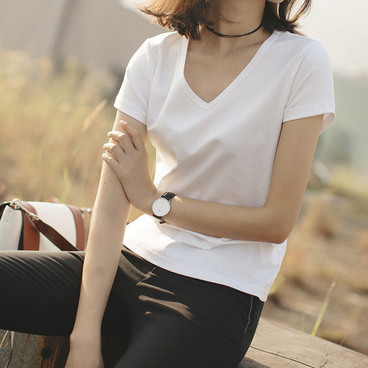 阿瑪施短袖女白色V领莫代尔棉2020新款基础黑色圆领T恤女打底上衣