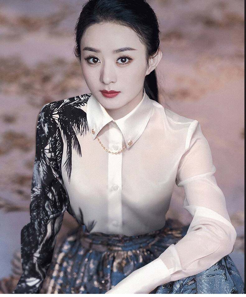 阿瑪施官网旗舰店2020春夏新款明星赵丽颖同款桑蚕丝拼色长袖衬衫