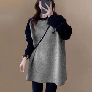 撞色磨毛加绒打底衫女秋冬宽松内搭中长款灰色长袖T恤遮屁股上衣