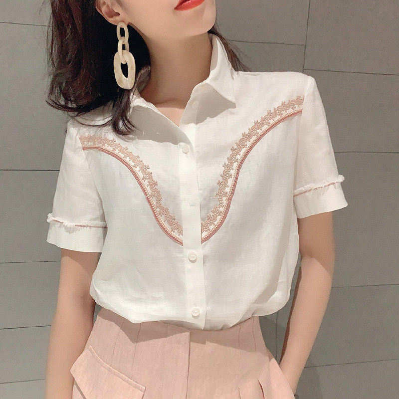 阿瑪施官网旗舰店2020夏新款正品百搭绣花亚麻薄款短袖衬衫衣上衣