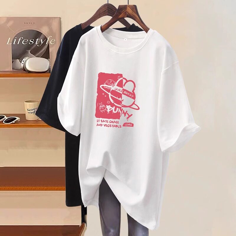 圆领质感别致纯棉短袖t恤女2024年新款宽松欧货大板中长款上衣ins